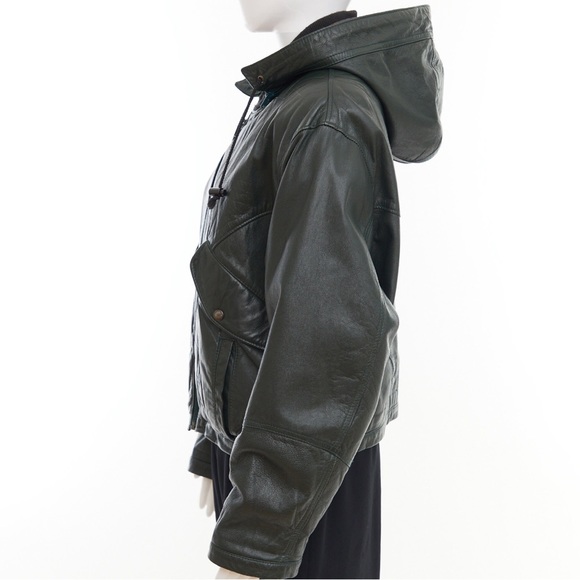 80’s Green leather bomber jacket with hoodie - Picture 4 of 9